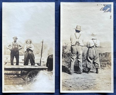 Two Snapshots Happy Country Couple Overalls Front & Back View Vintage