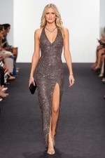 NWT 595 AIDAN MATTOX Beaded Halter Gown Slit Color Moonstone Size 8 Prom Gala