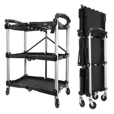 3 Tier Rolling Cart with Wheels, Folding Utility Cart, Collapsible Cart, Port...