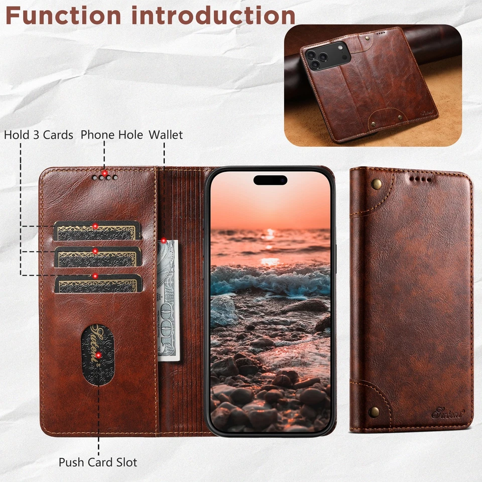 Retro PU Leather Flip Wallet Case Cover For iPhone 17 Pro Max 16 15 14 13 12 11 - Image 2 of 4