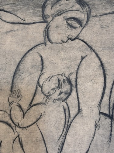Estampe gravure vintage signée mère et enfant moderniste figuratif maternité art - Photo 13 sur 18