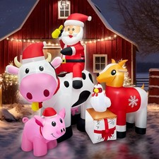 6FT Christmas Inflatables Santa Farm Scene with Blow Up Cow, Pig,
