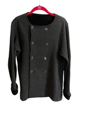 Vintage Joan Vass Women’s Gray Black Double Breasted Ribbed Jacket Cardigan 1