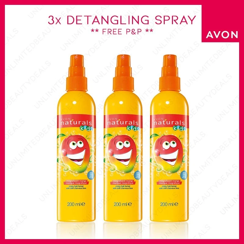 3x AVON NATURALS KIDS MAGNIFICENT MANGO HAIR DETANGLING SPRAY 200ml **NO LIDS**