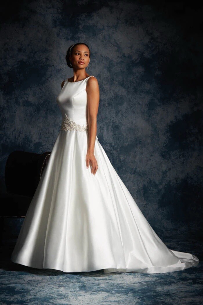 Alfred Angelo Ivory Satin Drop Waist High Neck Wedding Dress Gown
