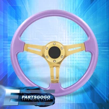 Universal 350mm Heavy Duty 6 Bolt Steel Steering Wheel Gold Center Purple + Horn