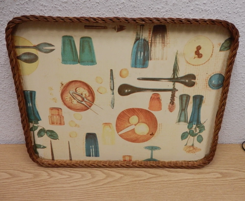 50er 60er Tablett Serviertablett Geschirr Motiv Rattan 50s 60s Vintage