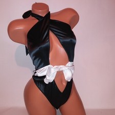 Victoria Secret Lingerie Teddy One Piece Bodysuit Black White High Neck Satin Bo