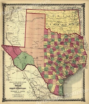 1870s Map of State of Texas and Oklahoma Indian Territory - 24x28