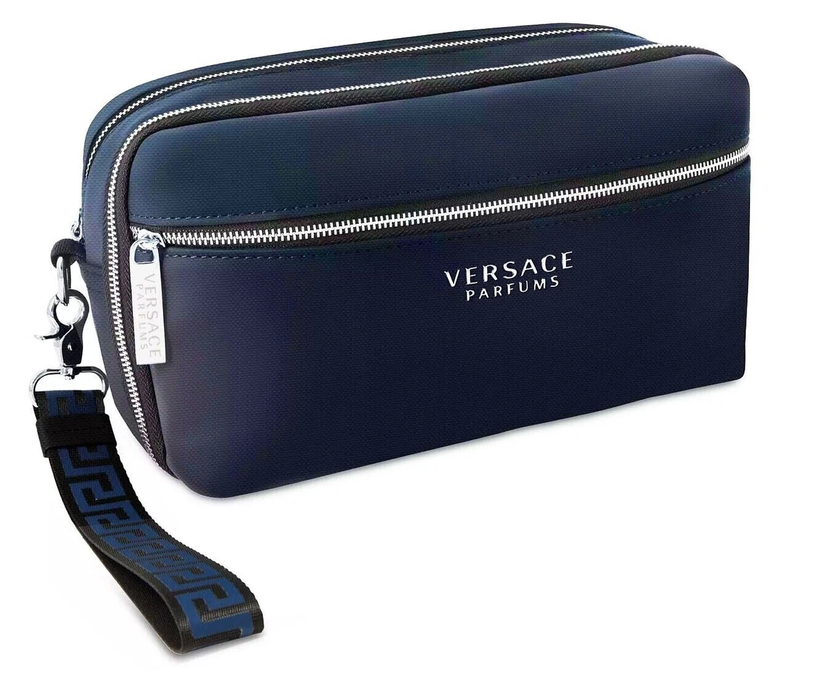 VERSACE BLUE BLACK TOILETRY CASE TRAVEL BAG MENS DOPP KIT POUCH + DUST BAG  NEW!