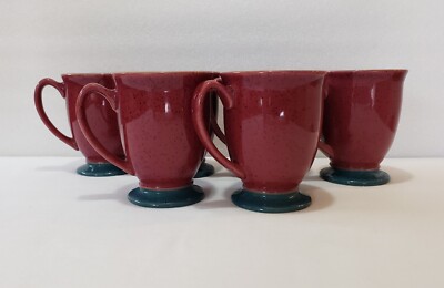 Denby Mugs 8 Oz Harlequin Footed Blue Inside Red Outside Green Bottom Set Of 6