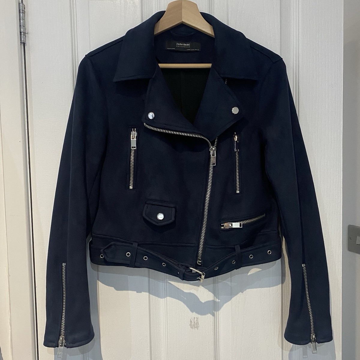 ZARA Basic Navy Faux Suede Full Zip Belted Crop Biker Jacket SIZE UK12
