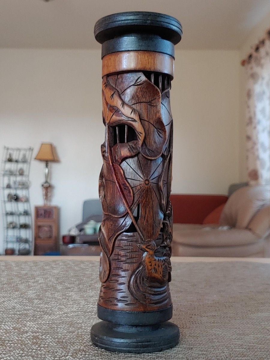 竹雕鸳鸯莲池香筒 Chinese Bamboo Hand Carved Lotus Mandarin Duck