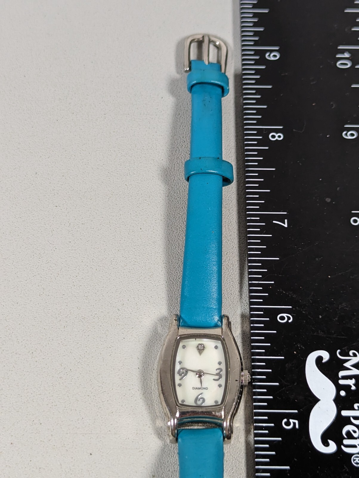 Pearlized Dial Silver Tone Rectangle Case Blue Le… - image 7