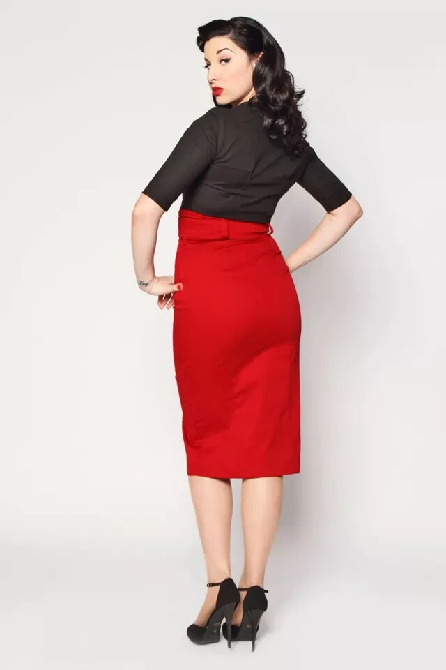 RED PENCIL SKIRT size 8 Long Denim Cigarette 1950s Vintage style Heart Of Haute image 2