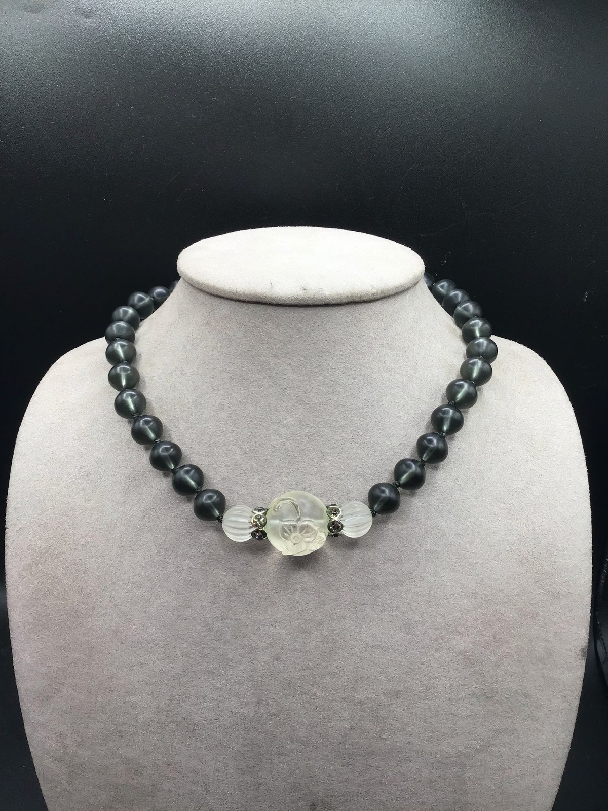 Frosted Glass Necklace Art Deco Etched Dark Gray Glass Beads Ornate Box