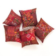 5PC INDIAN KANTHA PATOLA PATCHWORK CUSHION COVER FLORAL THROW SOFA RED PILLOWS