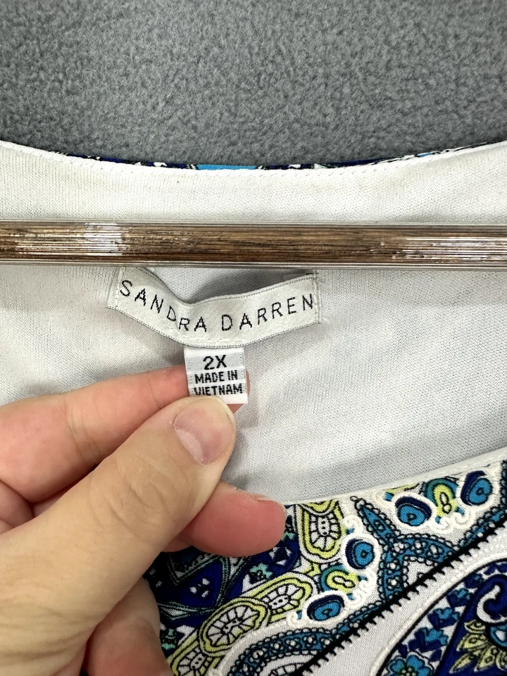 Vestido recto Sandra Dareen para mujer 2X azul geométrico elástico arte para usar boho Foto 2 de 4