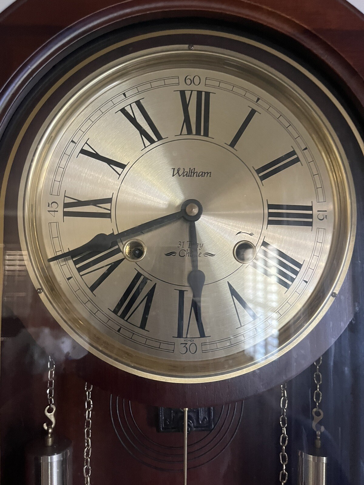 Waltham 31 Day Chime Wall Clock Key Wind Movement Wood Case  Pendulum 24" tall