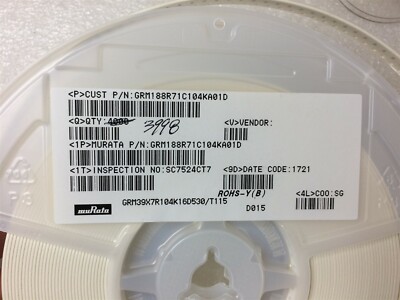 GRM188R71C104KA01D MURATA CAP CER 0.1UF 16V X7R 0603 ROHS 200 PIECES