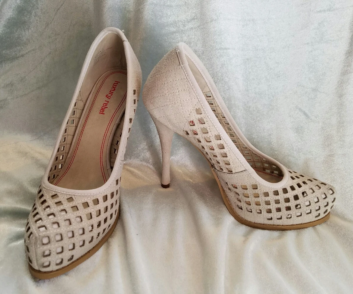 NEW Luxury Rebel Sakura sz 8 38.5 Bone Suede Cutout Heels