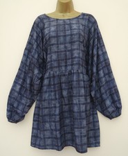 DAISY STREET NAVY BLUE CHECK SMOCK LONG PUFF SLEEVE DRESS SIZE 14 ASOS