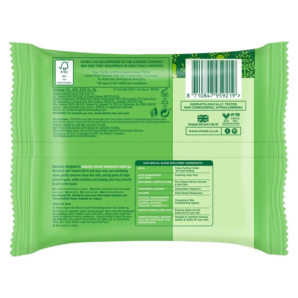 Simple Biodegradable Exfoliating Wipes 20 wipes,lift away dirt, impurities Foto 4 de 4