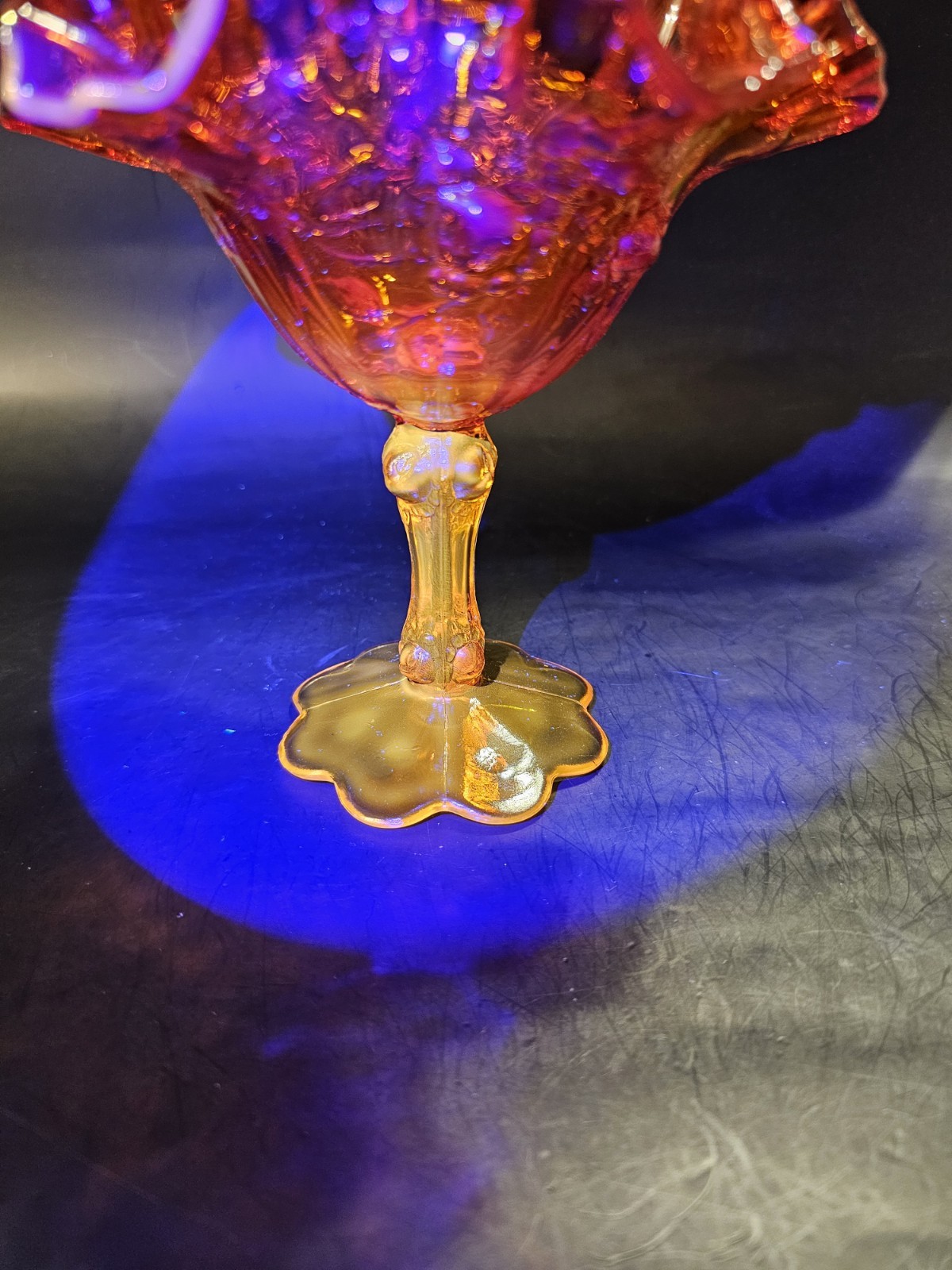 Vintage Fenton Amberina Compote Candy Dish Ruffled Rin Stem Footed Cabbage Rose