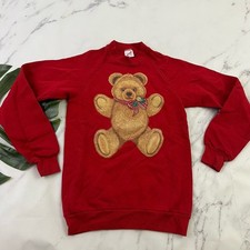 Vintage 90s Christmas Teddy Bear Sweatshirt Size S Red Holiday Handmade Crewneck