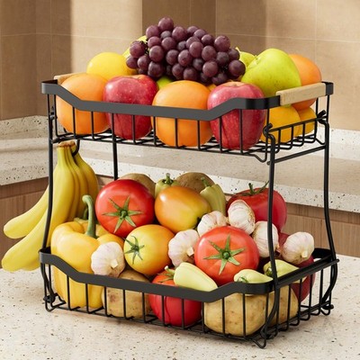 Modern Fruit Vegetable Basket for Kitchen, 2 Tier Metal Stand with Wood Handle