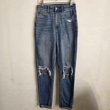 American Eagle Jeans Womens 00 Blue Mom Jean Distressed Denim Stretch Cotton