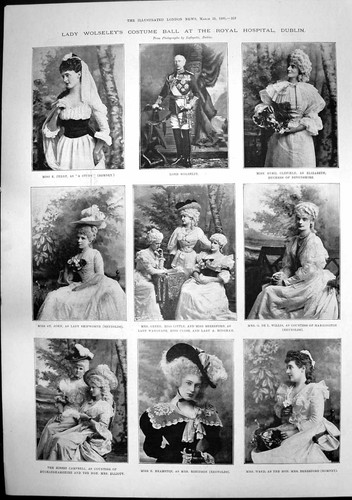 Old Print Lady Wolseleys Ball Hospital Dublin Thoughtless Beauty Dog1895 19th