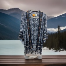 Cardigan Blue White Embellished Fringe Open Front Boho Beads XS Roomy Aztec
