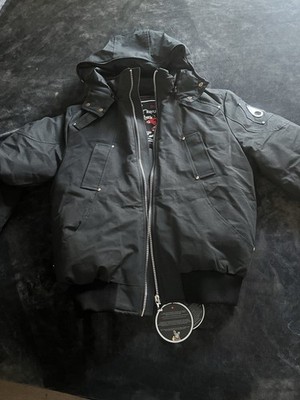 Moose Knuckles Down Filled Black Hooded Jacket Logo Patch Men's Size L