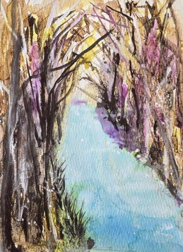 Original signiertes Aquarell. Landschaft. Hölzer. Feld. Stream. Abstrakt