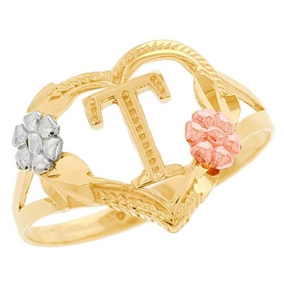 JackAni 10k oder 14k mehrfarbiger Gold funkelnder floraler Buchstabe Initiale T Herz Ring