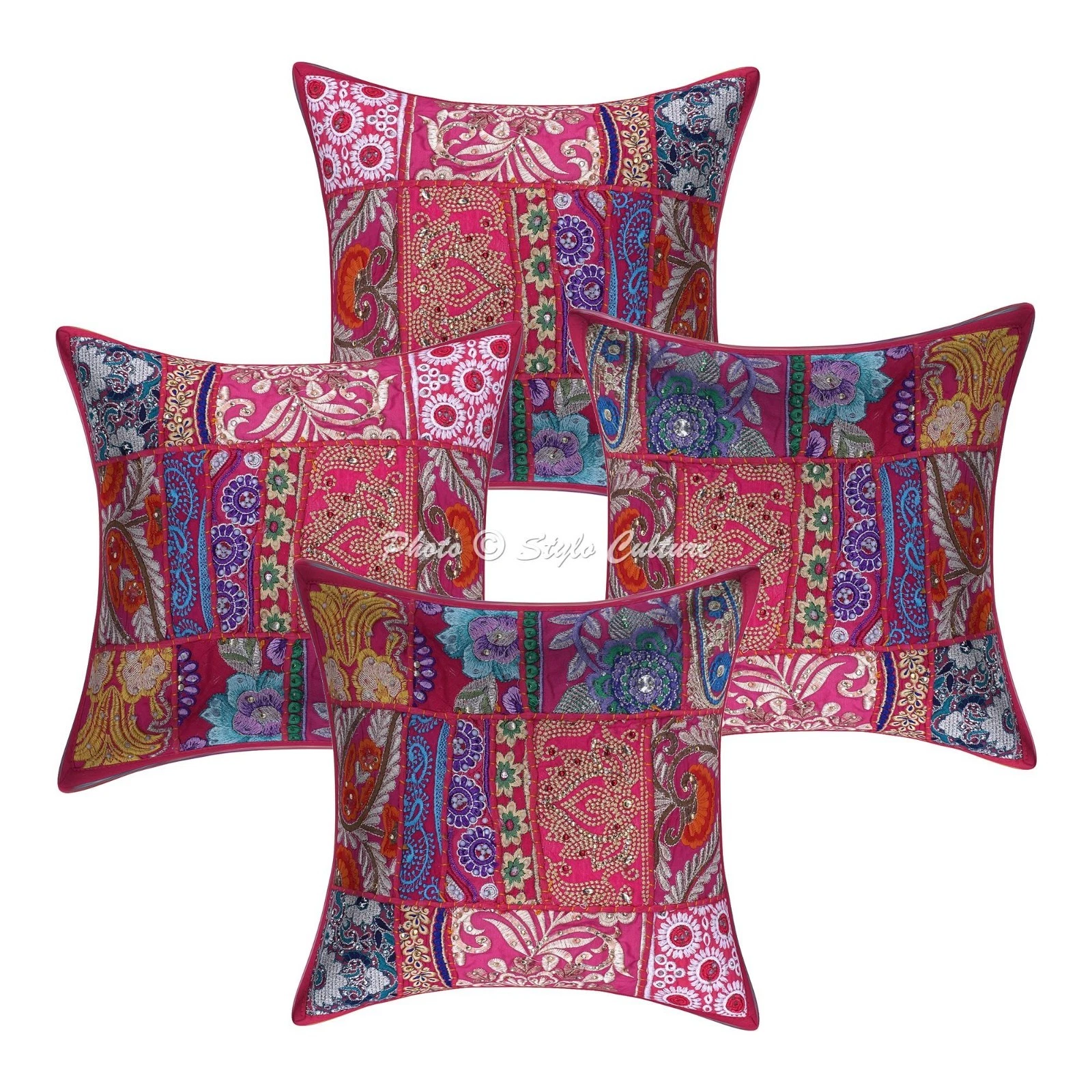 Ethnic Vintage Patchwork Throw Pillow Covers Cotton Pink 12x12 Boho Home Decor