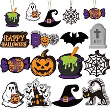36Pcs Halloween Tree Ornaments, Halloween Wooden Hanging Ornaments Halloween ...