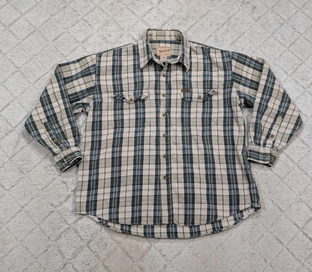 Woolrich Shirt Mens XL Green Beige Plaid Flannel Button Up Cotton Casual Outdoor