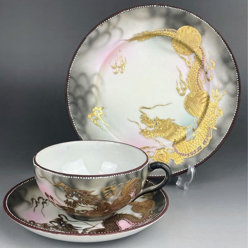 Old Nippon Dragon Trio – Gold Painted Teacup, Saucer & Plate with Jewel Eyes - Picture 2 of 18