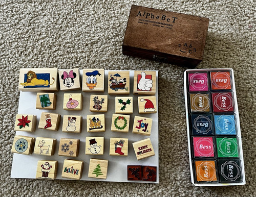 Bess Mixed Lot Wood Mounted Rubber Stamps Christmas Disney Alphabet Numbers