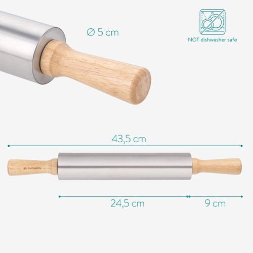 Stainless Steel Rolling Pin - 17" Non Stick Metal Roller with Wood Handles fo... - Picture 4 of 7