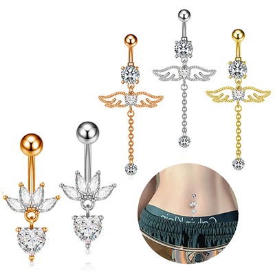 Fashion Angel Wings Belly Button Rings Cute Heart Crystal Navel Piercing Jewelry