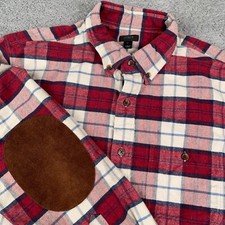 J Crew Shirt Mens Medium Red Flannel Tartan Plaid Elbow Patch Brushed Outdoor