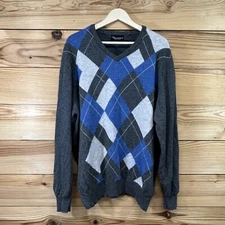 Hawick Knitwear Sweater XXL V-Neck Scotland 100% Wool Gray Blue Argyle Flaws B88