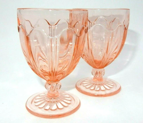 SET OF 2 VINTAGE PINK DEPRESSION HOCKING COLONIAL PATTERN FOOTED GLASS TUMBLERS