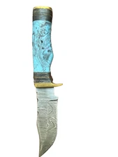 Damascus Fixed Blade Skinner Knife Leather Sheath - Resin Handle