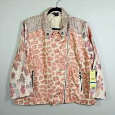 Nwt Multiples Xlarge Ivory Pink Gold Metallic Floral Animal Zipper Moto Jacket