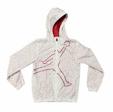 AIR JORDAN Jacket Boy’s Medium White Red Windbreaker Full Zip Hooded Big Logo MJ