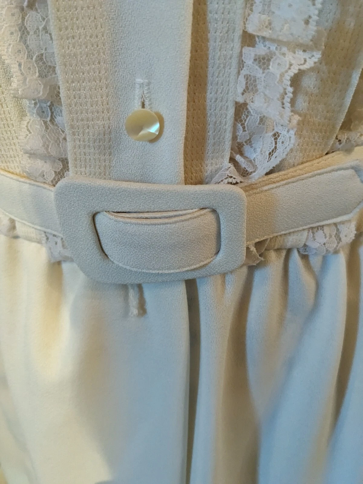 OFF WHITE Abito donna vintage taglia 8 bianco sporco manica lunga poliestere con pizzo e cintura di